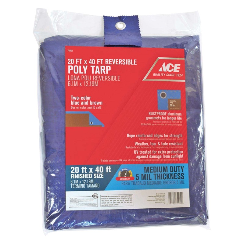 ACE AK-MT2040BB Medium-Duty Tarp, Polyethylene Tarp, Blue/Brown Tarp Top, 3 ft Grommet Spacing, Resists: UV, Weather