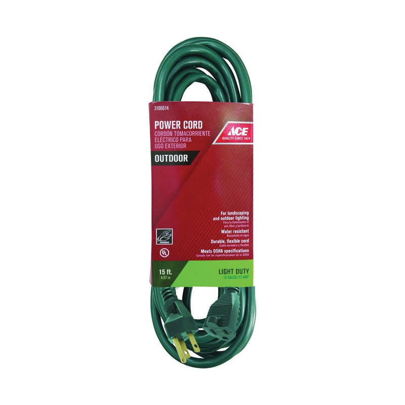 ACE OU-SJT163-10-GR Extension Cord, 125 V, SJTW Conductor, 16/3 AWG Conductor, 15 ft L