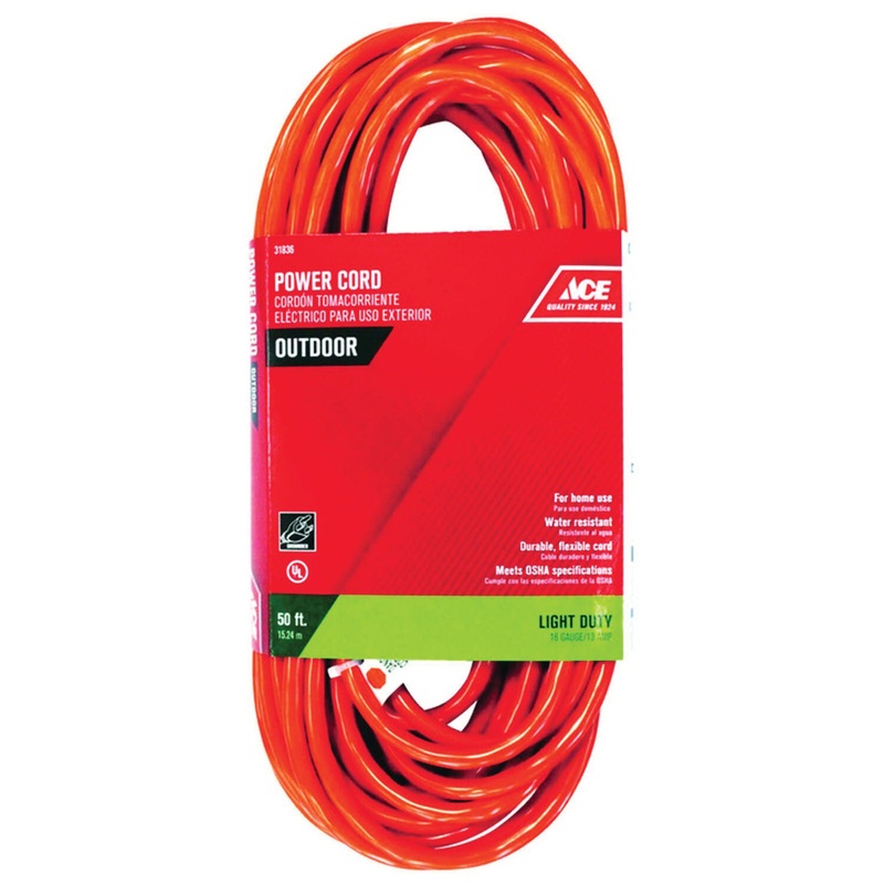 ACE OU163JTW050OG Extension Cord, 125 V, SJTW Conductor, 16/3 AWG Conductor, 50 ft L
