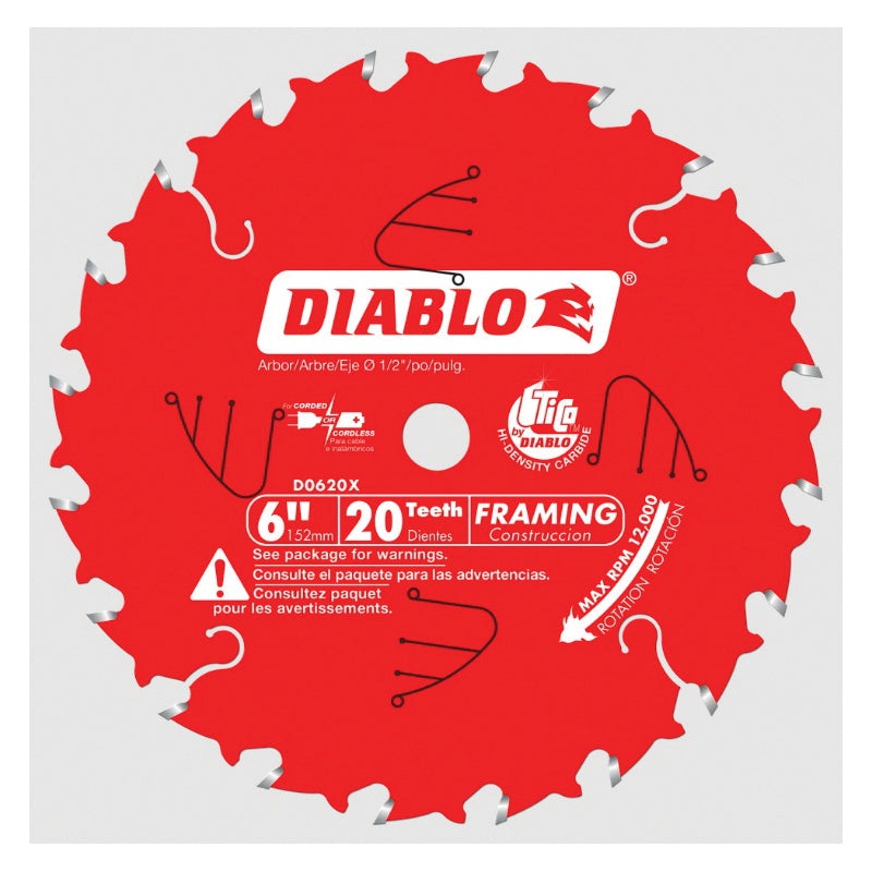 DIABLO D0620X Framing Saw Blade, 6 in Dia, ATB Teeth, 20-Teeth, 18 deg Hook, 1/2 in Arbor, 12000 rpm Max Speed