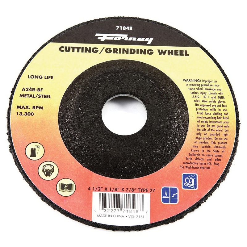 Forney 71848 Cut-Off Wheel, Type 27 Wheel, 4-1/2 in Dia, 1/8 in Thick, 7/8 in Arbor, 24 Grit, Coarse Grit