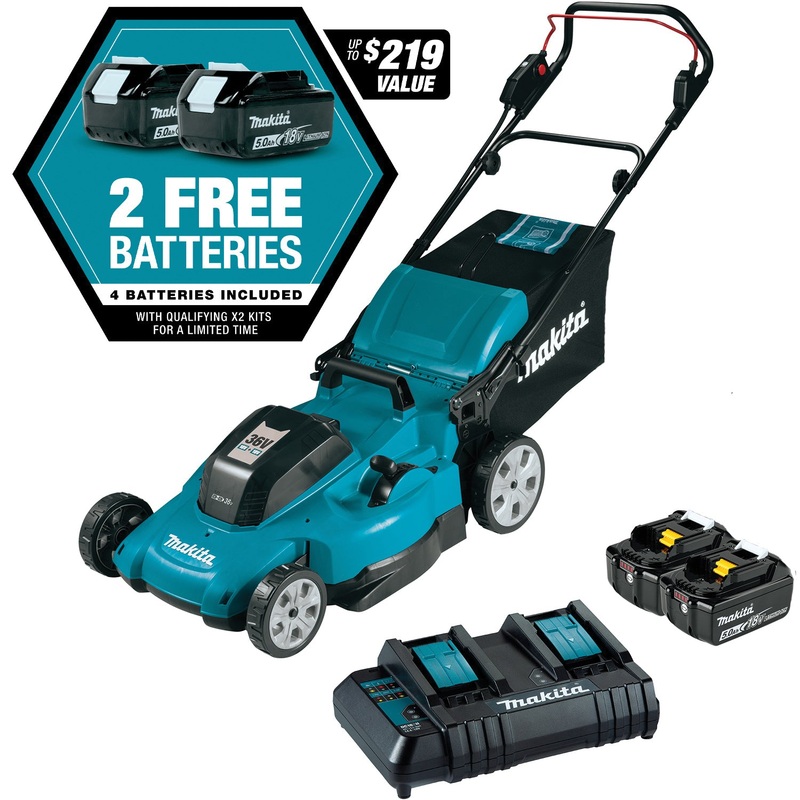 Makita XML10CT1 Lawn Mower Kit With (4) Batteries, 21 in W Cutting, 1-1/4 to 4 in H Cutting, 1-Blade, 36 V, 5 Ah