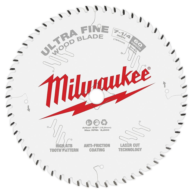 Milwaukee 48-40-0730 Circular Saw Blade, 7-1/4 in Dia, ATB, Thin Kerf Teeth, 60 -Teeth, 15 deg Hook, 5/8 in Arbor