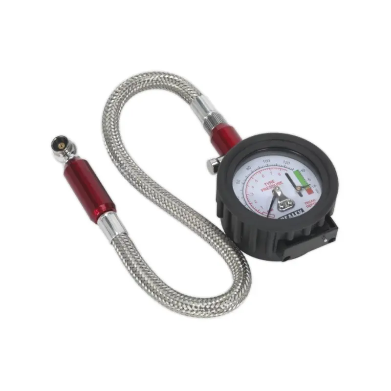 Sealey Tyre Pressure Gauge & Tyre Tread Depth Gauge - Flexible Hose 0-8bar(0-120psi)