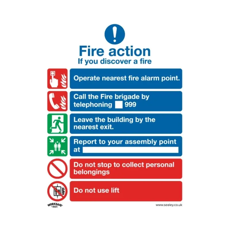 Sealey Safe Conditions Safety Sign - Fire Action With Lift - Rigid Plastic