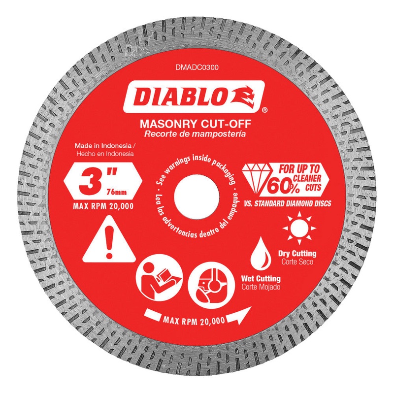 DIABLO DMADC0300 Diamond Continuous Disc, Rim Cut-Off Wheel/Disc, 3 in Dia, 1.3 mm Thick, 3/8 in Arbor