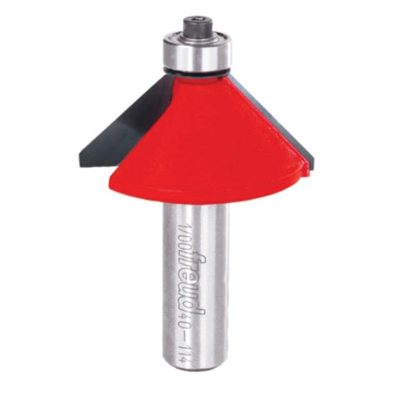 freud 40-114 Chamfer Router Bit, 1-5/8 in Dia Cutting, 5/8 in L Cut, 2-9/16 in OAL, 1/2 in Dia Shank, 2-Flute